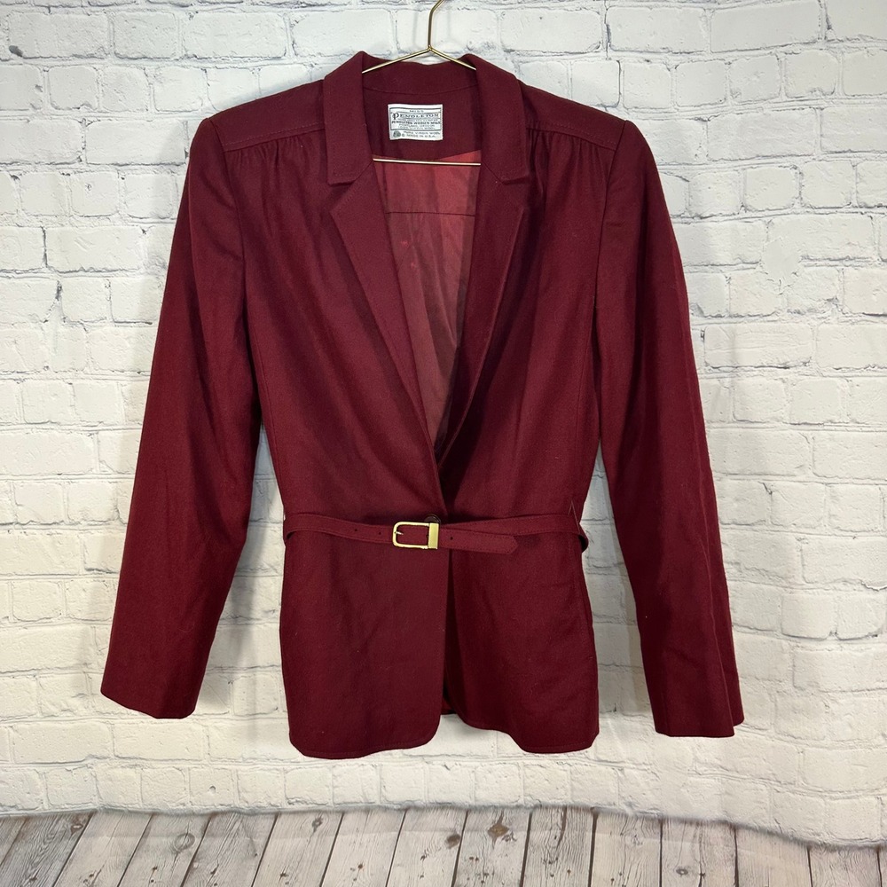 Miss Pendleton Wool Blazer Burgundy Belted Jacket Size 8 Vintage Made in USA